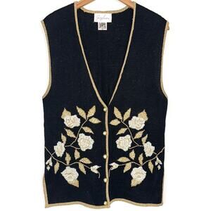 Vintage Jaclyn Smith Black Gold Metallic Floral Knit Sweater Vest Size M